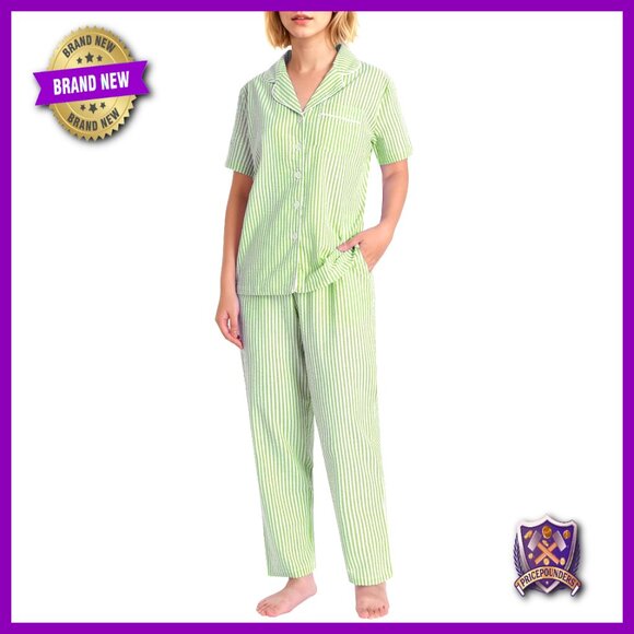 Petite Cotton Seersucker Pajama Set Short Sleeve V-Neck Pants
